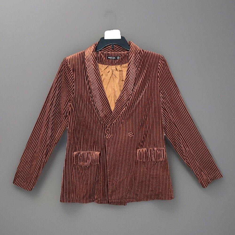 Nasty Gal Women US 8 Blazer Rust Plissé Ribbed Velvet Shawl Lapel Party Funky